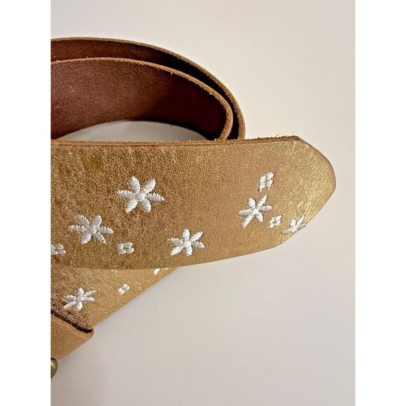 Linea Pelle Womens 2" Wide Leather Belt Gold Floral Embroidered Size L Large - Picture 2 of 14